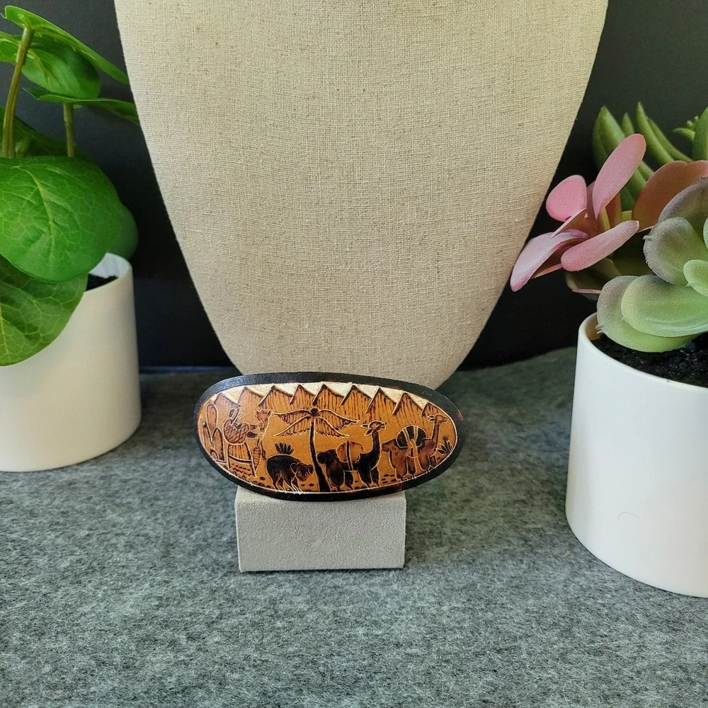 Safari Wildlife Scene Oval Hair Barrette Etched Pictorial Boho Statement Alpaca